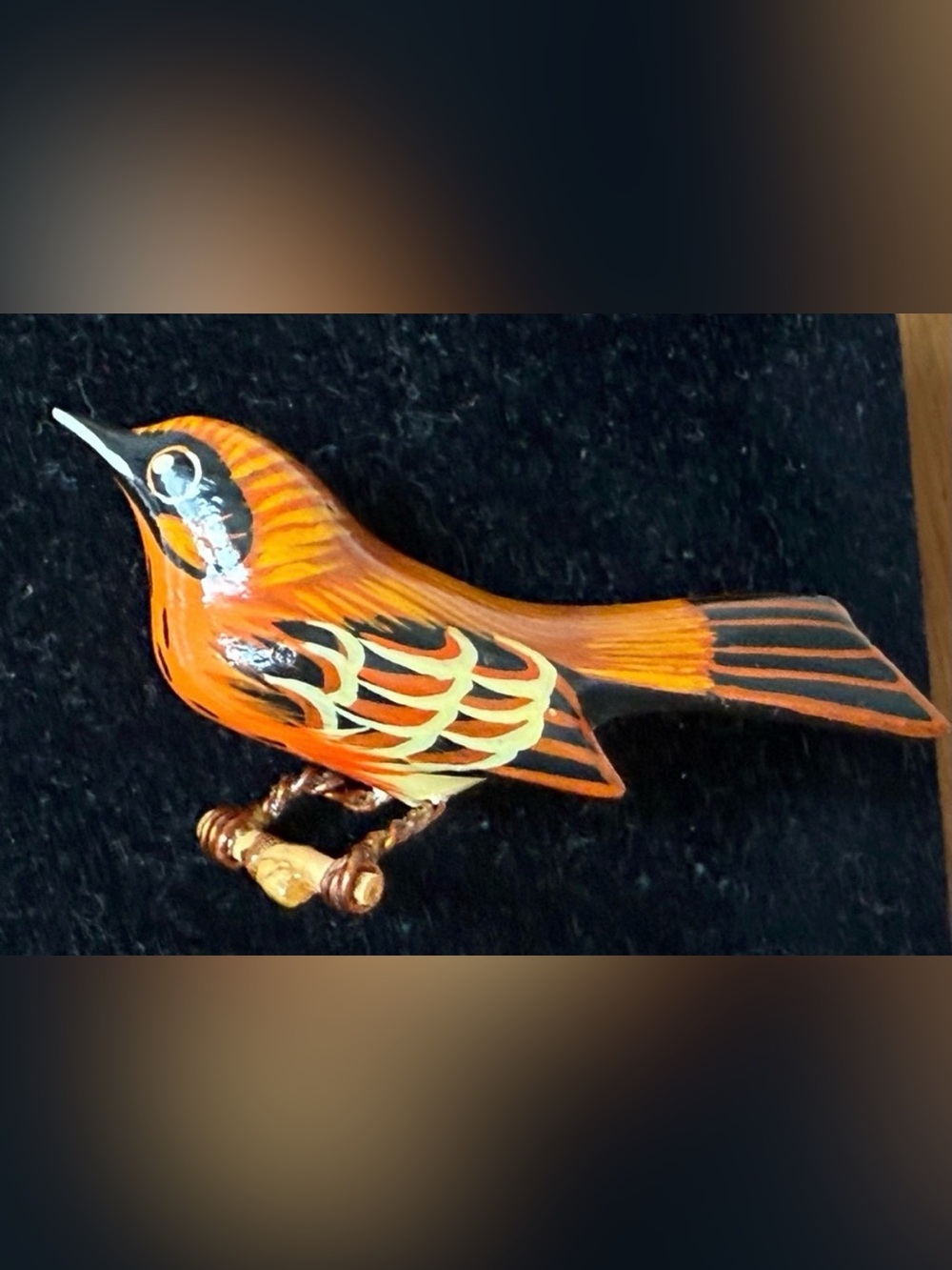 Vintage Takahashi Style Carved Wood Hand Painted Brooch Pin Bird